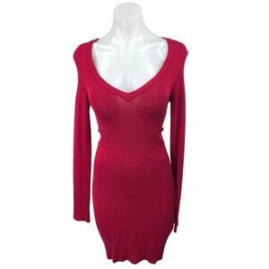 Guess Red Knit Long Sleeve Lace-Up Back V-neck Mini Bodycon Sweater Dress Size M